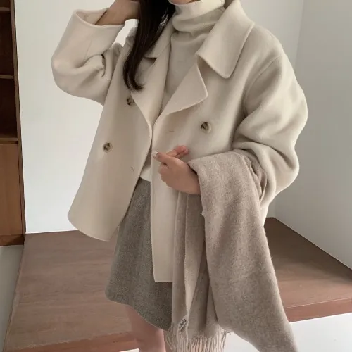 Korean Chic Elegance Retro Lapel Double Breasted Woolen Coat Beige - Shop at LoveMi