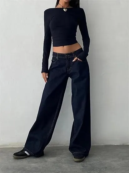 Street Wide Leg Denim Women's Pants 12564 Dark Blue - Shop at LoveMi
