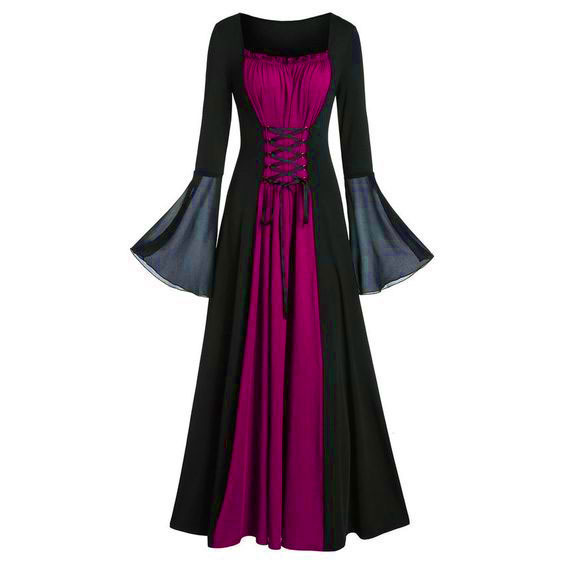 Women's Punk Stitching Lace up Loose Stitching Big Swing Dress Rose - Shop at LoveMi