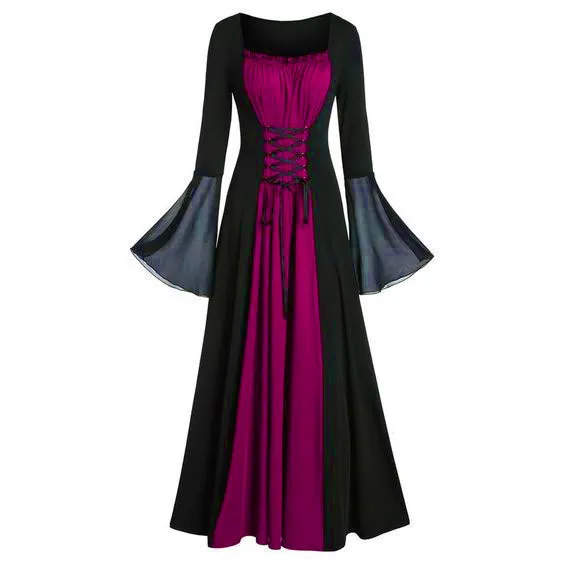 Women's Punk Stitching Lace up Loose Stitching Big Swing Dress Rose - Shop at LoveMi