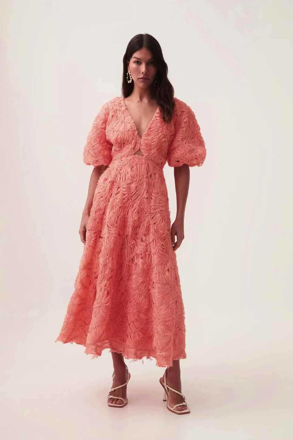 V-neck Puff Sleeve Hollow-out Long Dress