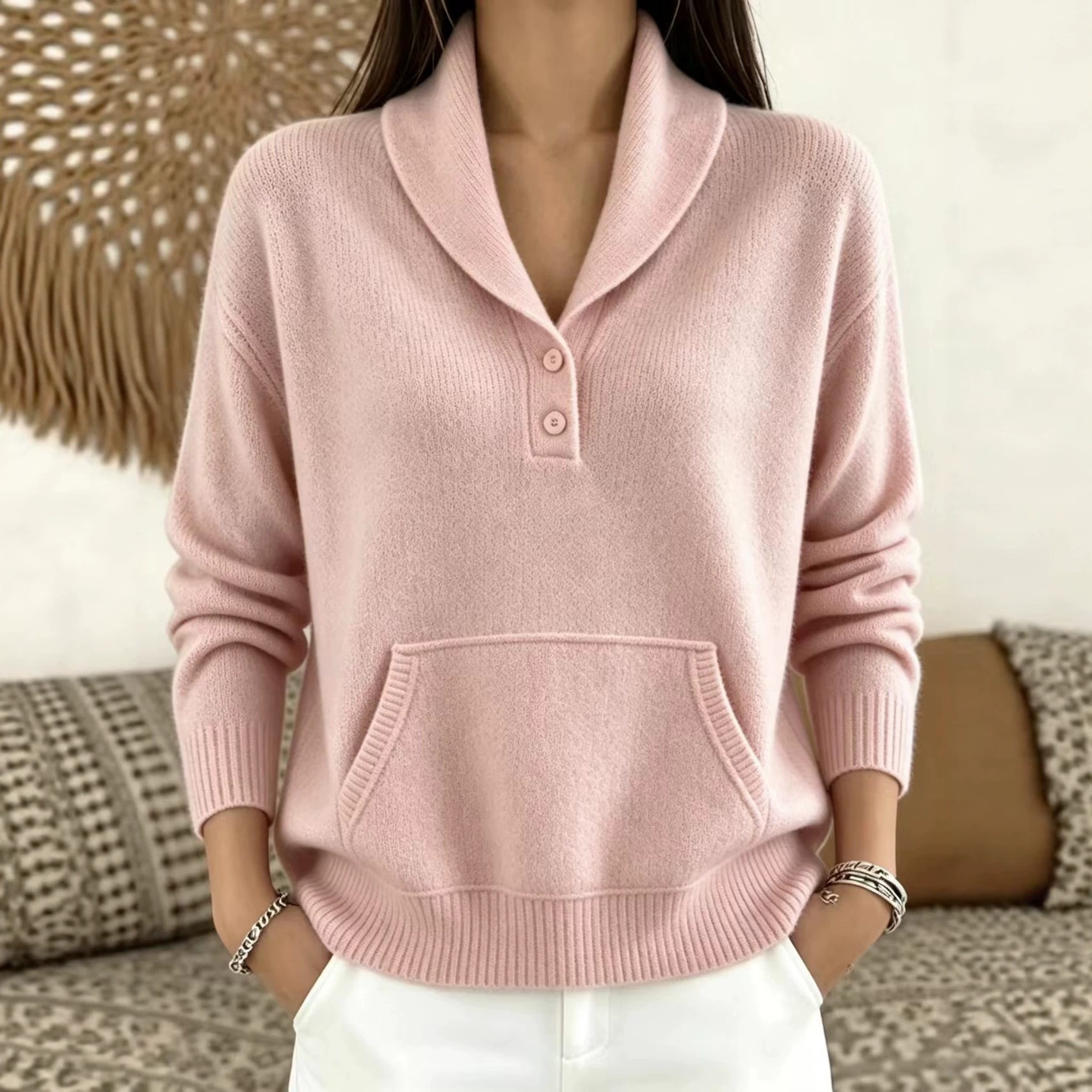 Suit Collar Button Kangaroo Pocket Sweater For Women