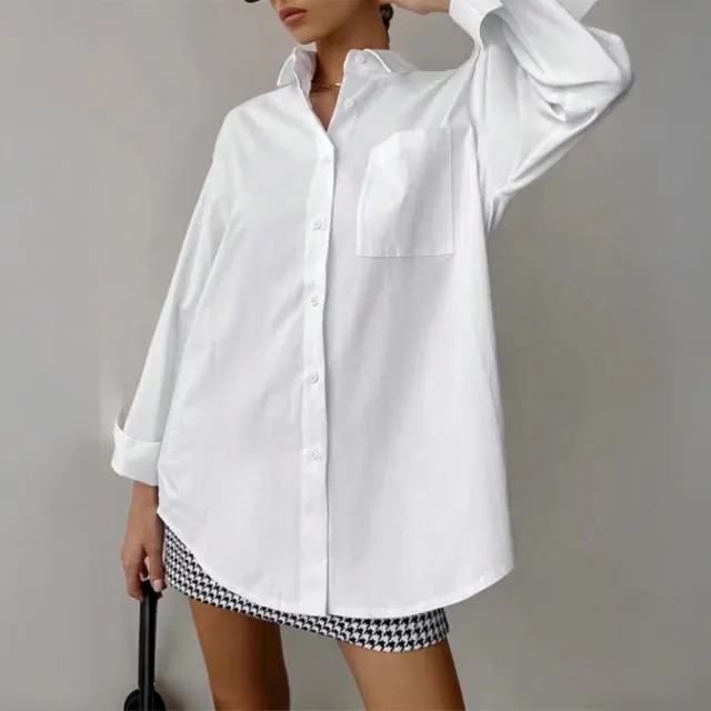 Leisure Commute Simple Style Solid Color Cardigan Pocket Top Long Sleeve Shirt For Women White - Shop at LoveMi