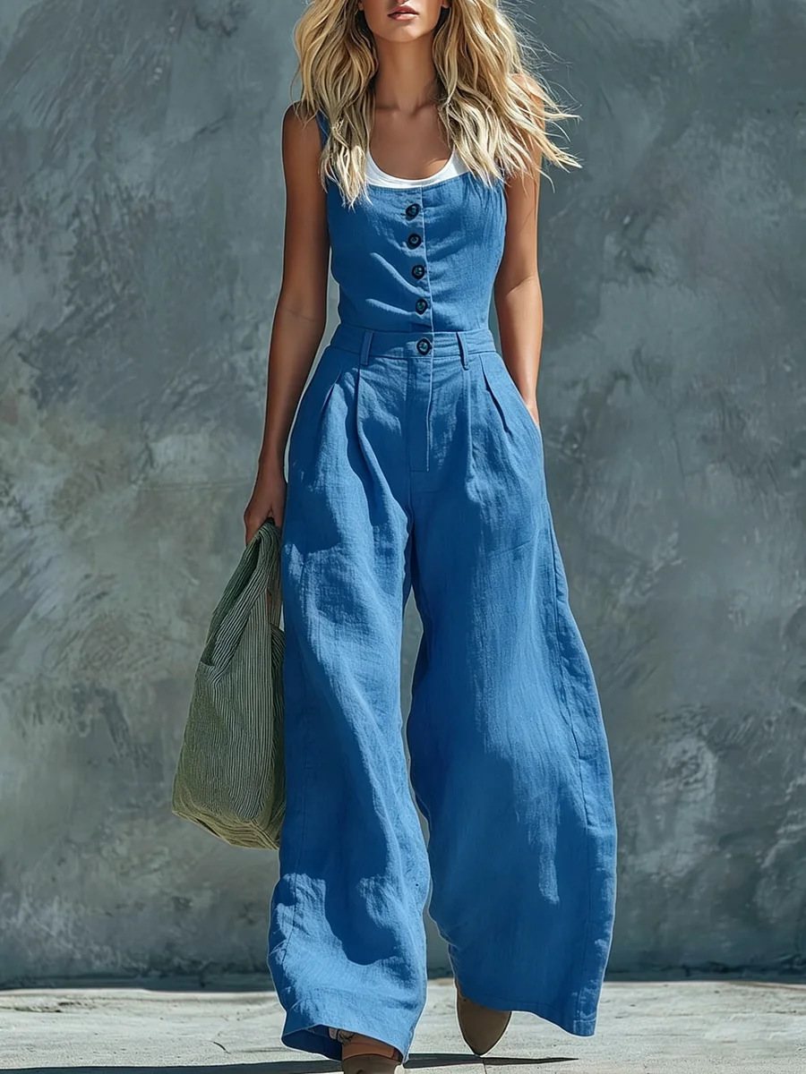 Women's Retro High-Waist Wide-Leg Jumpsuit in Royal Blue – vintage button closure elegant