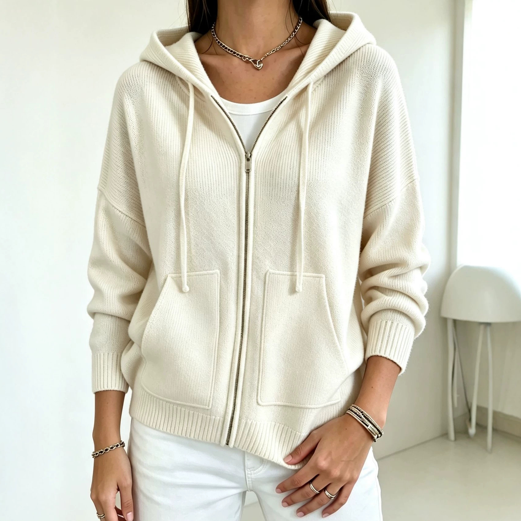 Solid-color Hooded Zip-up Loose-fit Knit Cardigan For Women 7