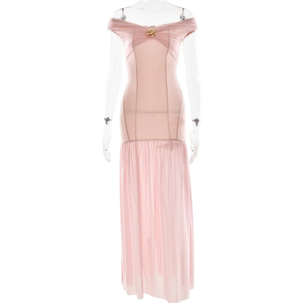 Lady Sexy Mesh Stitched Backless Pleated Slim Fit Long Dress - Pink