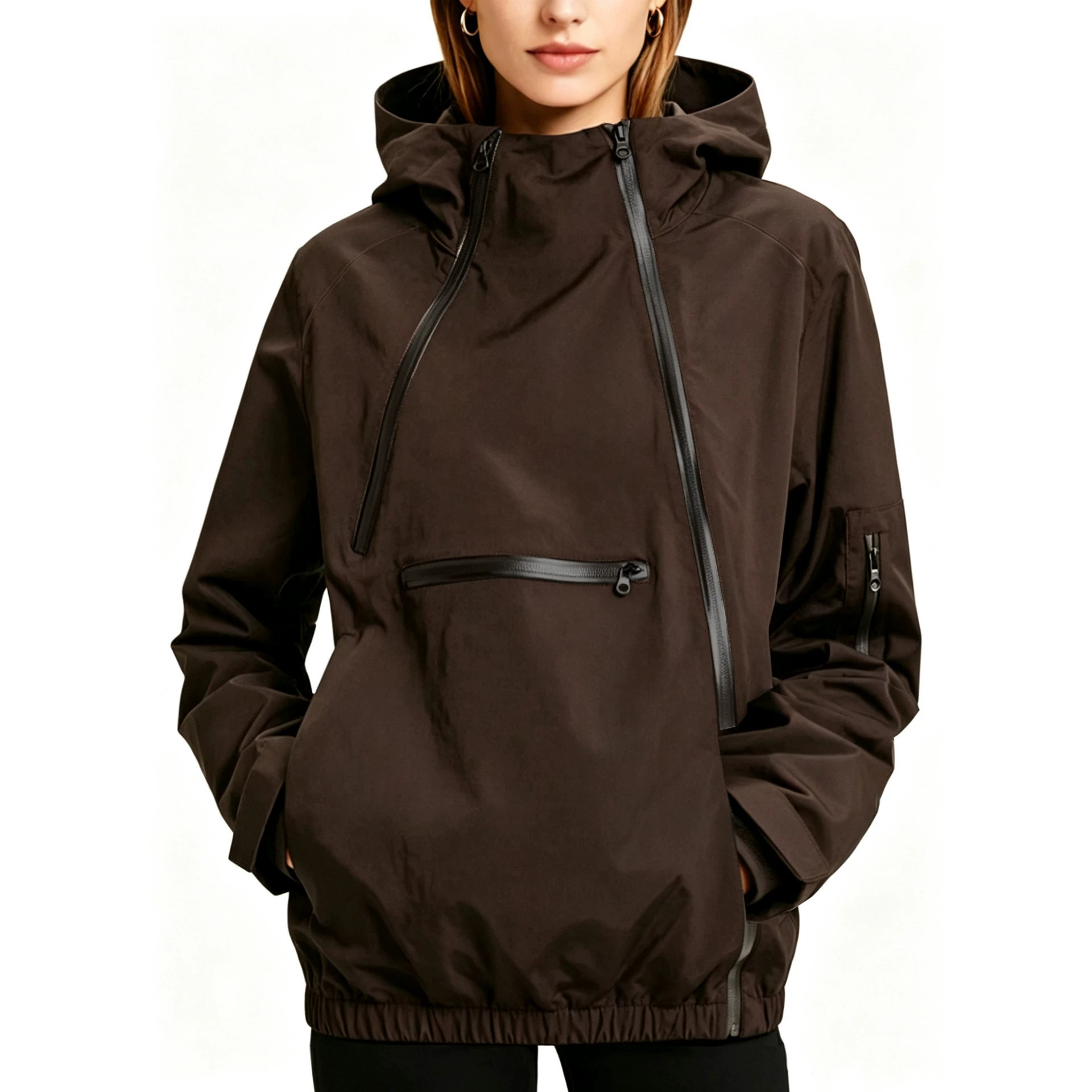 Irregular Slanted Placket Zippered Pocket Jacket