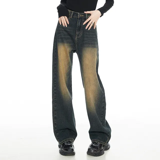 American Style Nostalgic Blue Wide Leg Jeans For Women Desert Yellow Lengthened - Shop at LoveMi