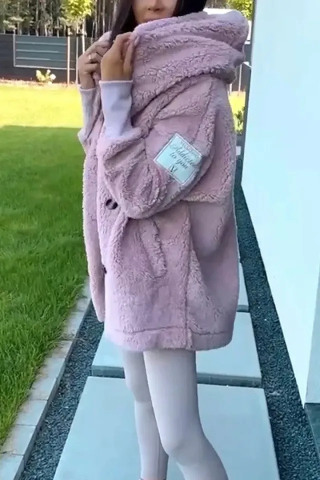 Women's Plush Loose Hooded Coat Pink - Shop at LoveMi