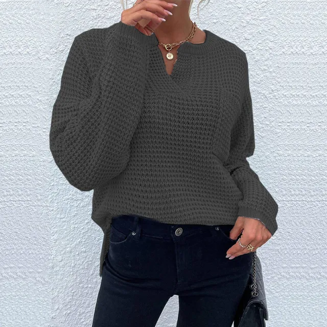 Women's Top Knitted Pullover Long Sleeve V neck Pocket Solid Color Sweater Dark Gray - Shop at LoveMi