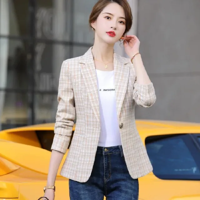 Korean Style British Casual Plaid Short Suit Apricot - Shop at LoveMi