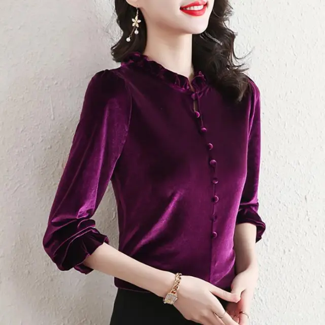 Gold Velvet Middle aged Mom Top Western Style Slimming Women's Base Shirt Purple - Shop at LoveMi