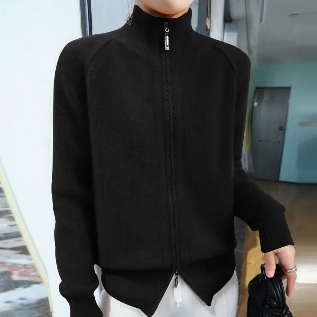 Seven pin Thickened Double Zipper Half Turtleneck Knitted Cardigan Coat Sweater Black - Shop at LoveMi