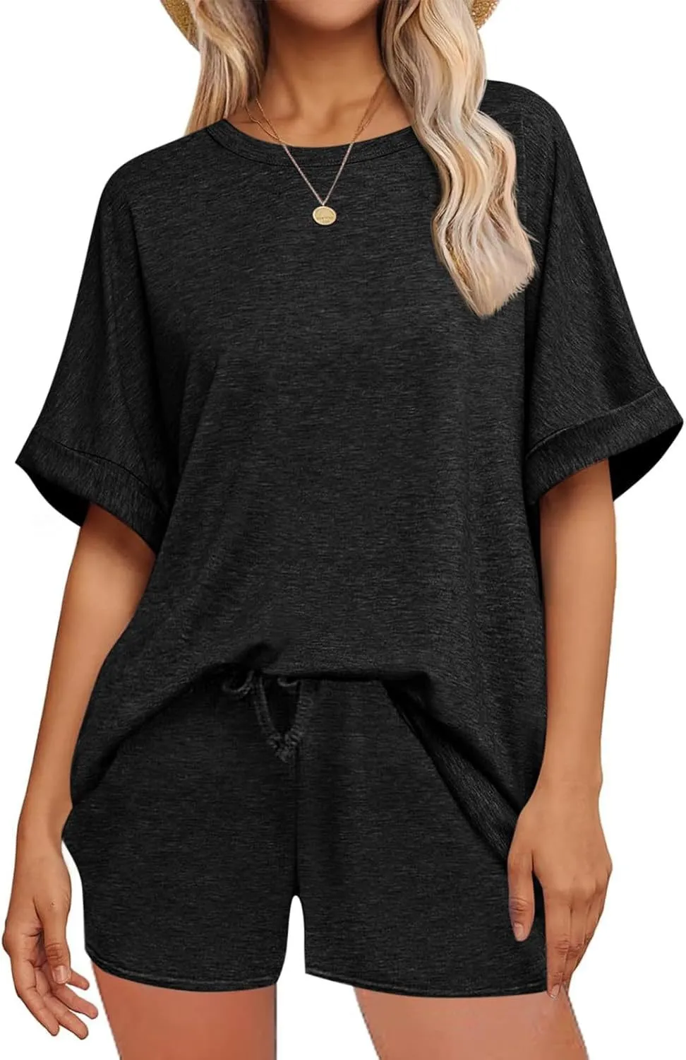 Casual Suit Oversized Short Sleeve T-shirt Drawstring Shorts Casual Wear Sportswear - Black