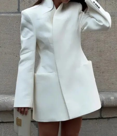White Elegant Padded Shoulder Suit Jacket Women's Lapel White High Collar Suit Jacket - Shop at LoveMi