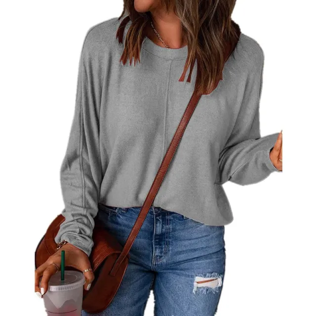 Autumn And Winter New Solid Color Stitching Long sleeved Top For Women Gray - Shop at LoveMi