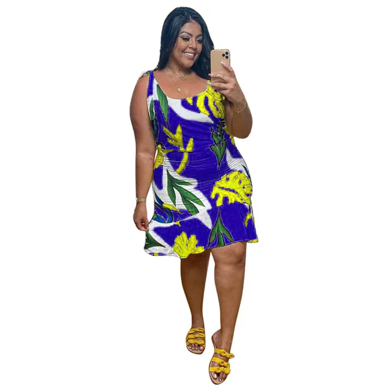 Women's Printed Midi Sleeveless Plus-Size Dress With Ruffled Hem - Blue And Yellow