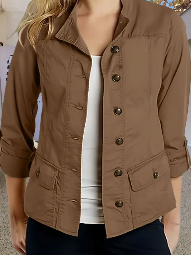 Fashion Solid Color Roll up Sleeve Single breasted Casual Jacket Brown - Shop at LoveMi