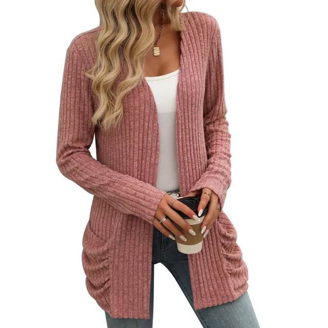 Solid Color Rib Fabric Brushed Pocket Cardigan Long Sleeve Coat Pink - Shop at LoveMi