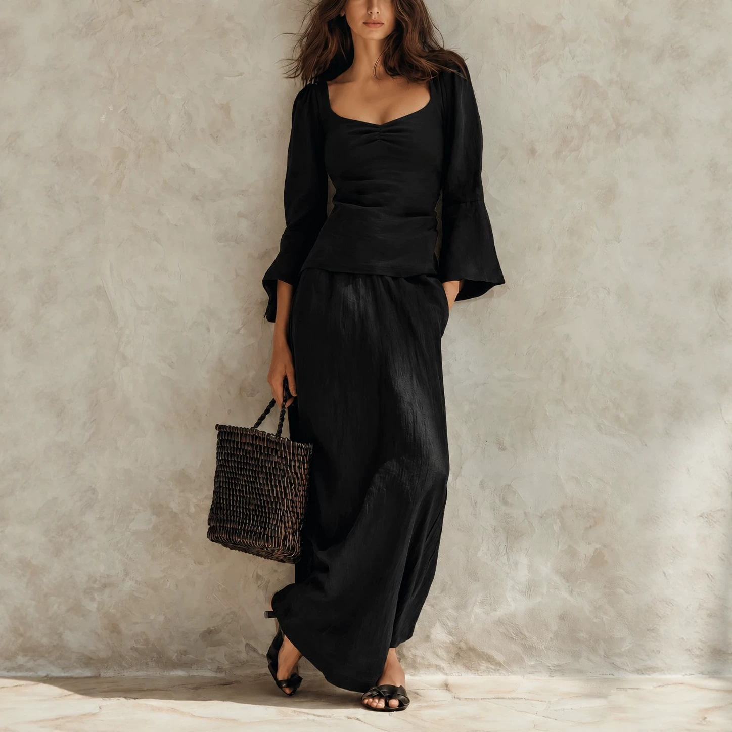 Womens Square-neck Loose-fit Long-sleeve Top And High-waisted Skirt Two-piece Set 7