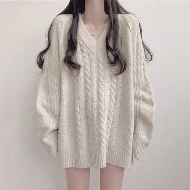 Mid length Cable knit Pullover Sweater Women's Sweater White - Shop at LoveMi