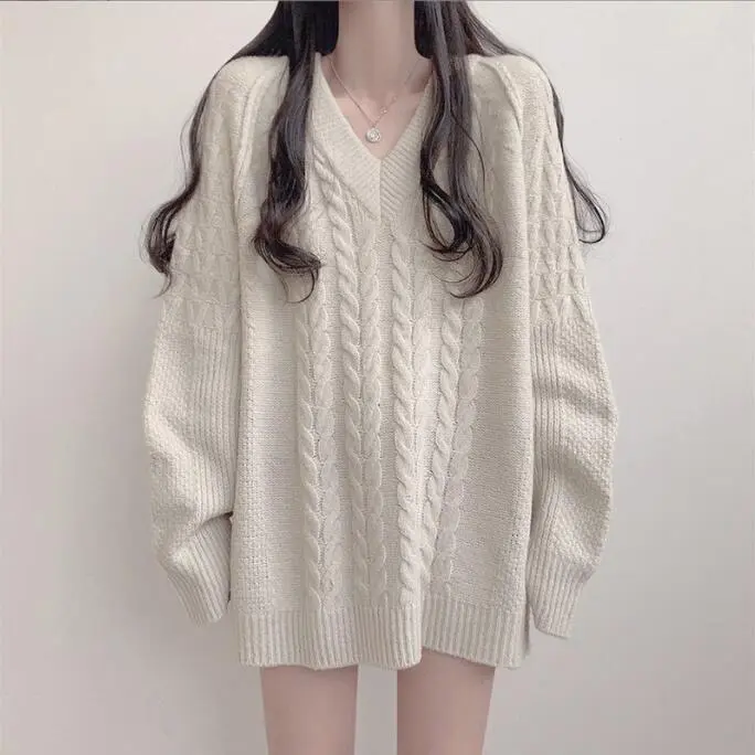 Mid-length Cable-knit Pullover Sweater Women's Sweater - White