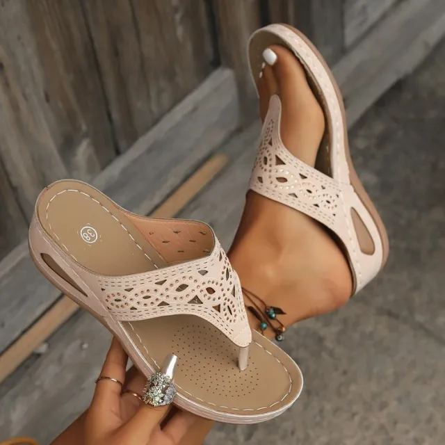 New Platform Flip flops Wedge Summer Outer Wear Hollow Beach Rhinestone Slippers Beige - Shop at LoveMi
