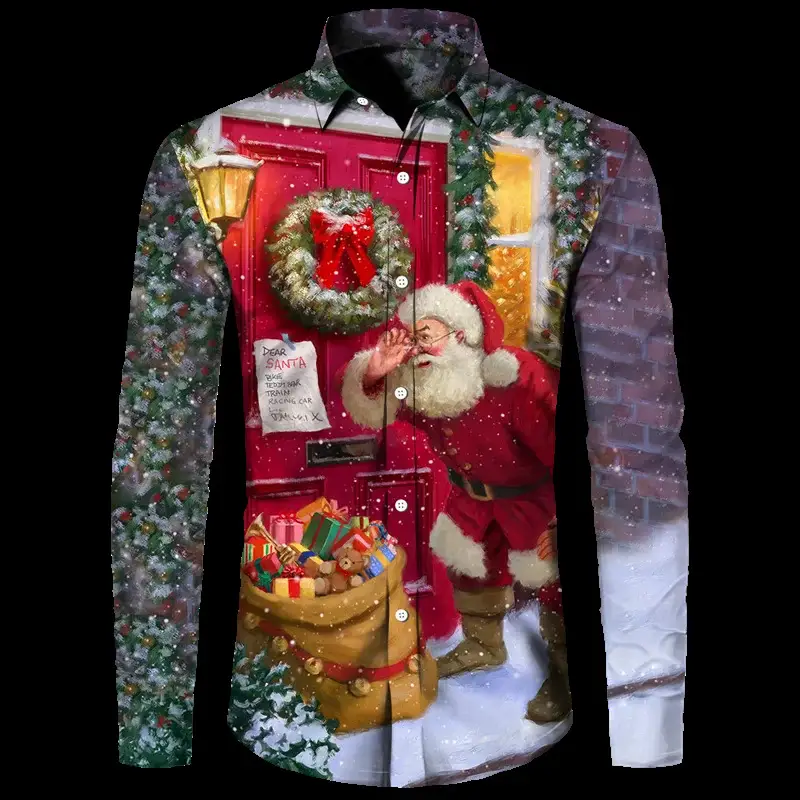 European And American Festival Santa Claus Digital 3D Printing Men's Loose Plus Size Button Business Top Shirt