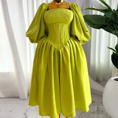 Women's Square Collar Waist Girdling Band Lantern Sleeve A- Line Dress - Fruit Green - View 1
