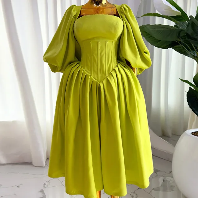 Women's Square Collar Waist Girdling Band Lantern Sleeve A Line Dress Fruit Green - Shop at LoveMi