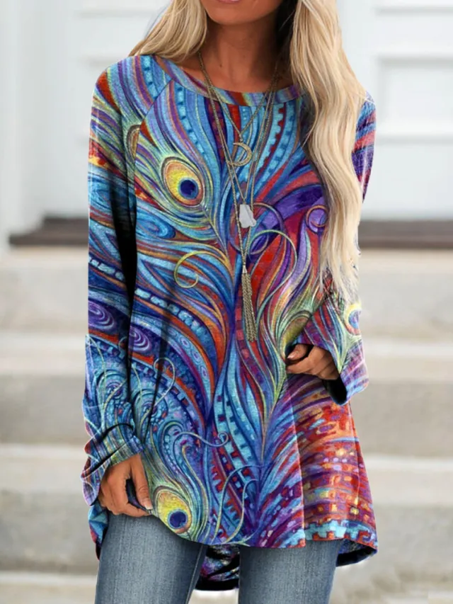 Pullover Long Sleeve Abstract 3D Printed Loose Round Neck Women's T shirt Bl1Bb26617 - Shop at LoveMi