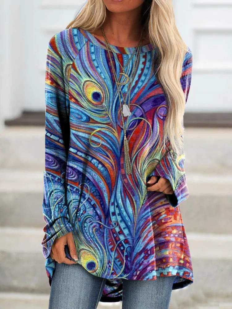 Pullover Long Sleeve Abstract 3D Printed Loose Round Neck Women's T-shirt - Bl1Bb26617-2Xl