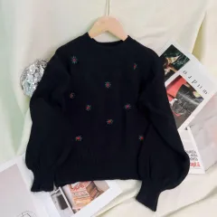Women's Casual Embroidered Flower Sweater - Black - View 1