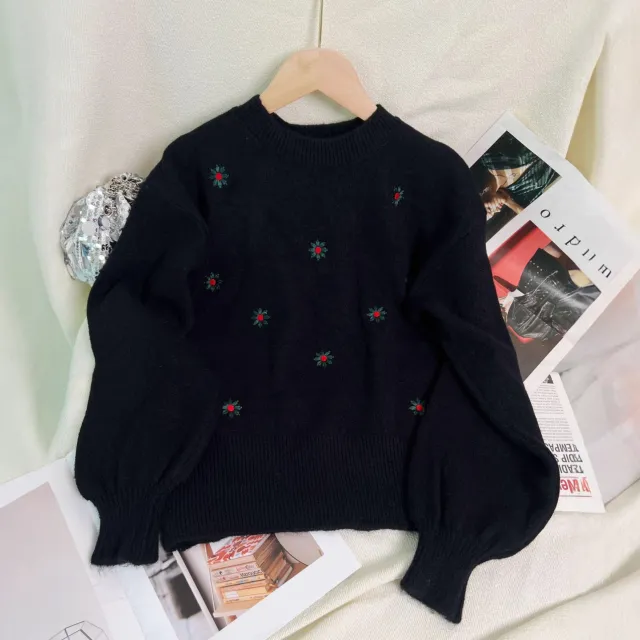 Women's Casual Embroidered Flower Sweater Black - Shop at LoveMi