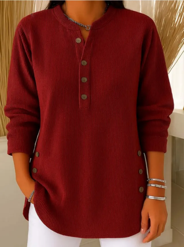 V neck Buttons Sweater Fashion Casual Solid Color Long sleeved Tops Women's Blouse T shirt Clothing Wine - Shop at LoveMi