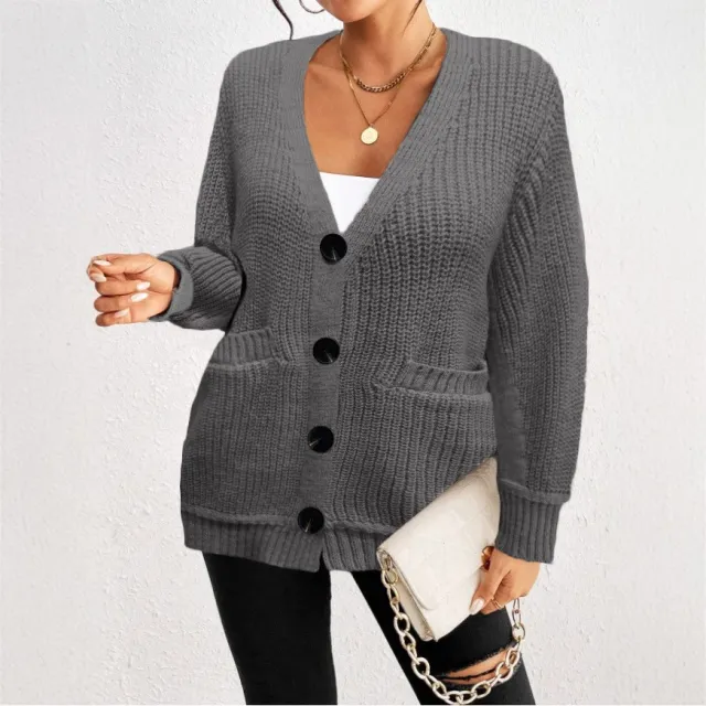 Fashion Loose Pockets Button Women's Cardigan Sweater Gray - Shop at LoveMi