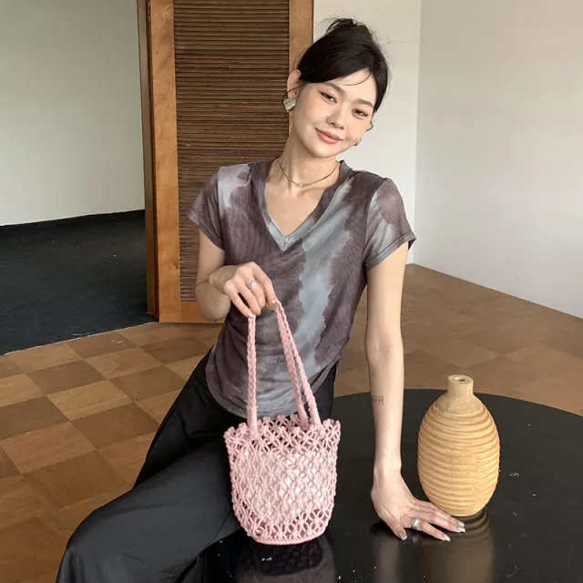 Retro Bucket Bag Vacation Straw Casual Woven Bag Pink - Shop at LoveMi