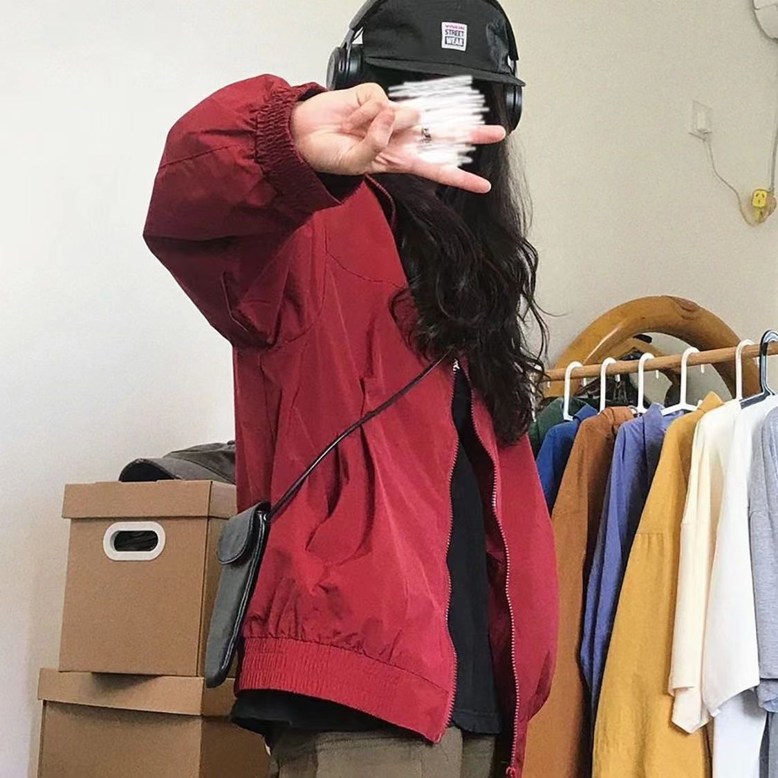 Niche Printed Loose Thin Casual Jacket Coat Wine - Shop at LoveMi