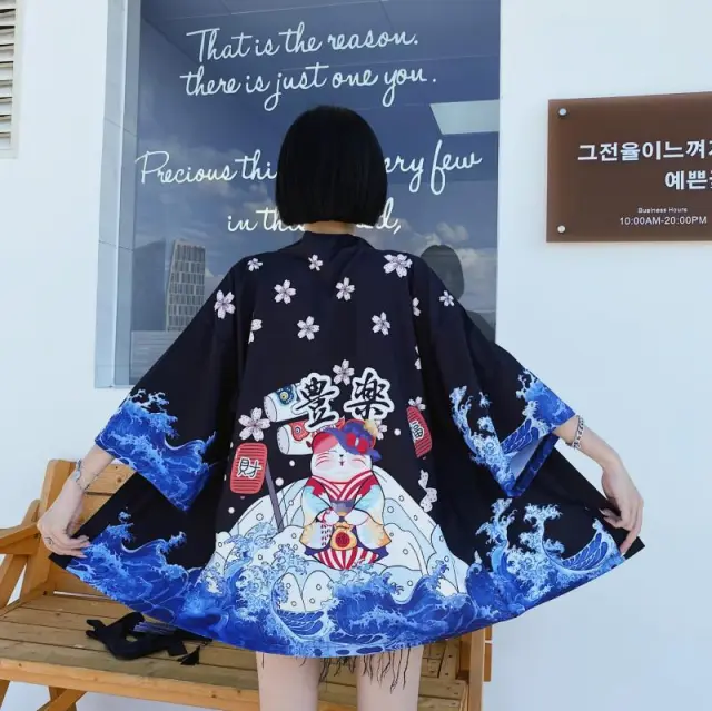 Literary Cat Pattern Sun Protection Clothing Loose Cardigan Black - Shop at LoveMi