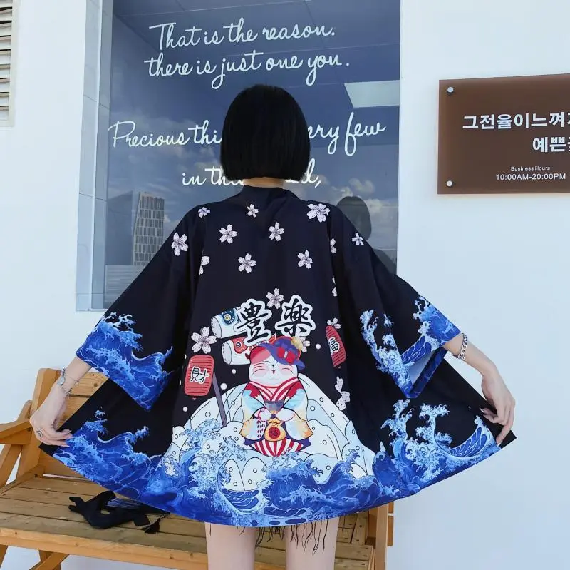 Literary Cat Pattern Sun Protection Clothing Loose Cardigan - Black