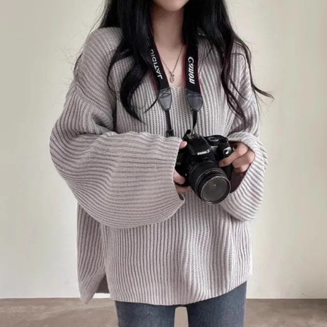Women's V neck Loose Leisure All matching Long Sleeve Coarse Yarn Thick Sweater Gray - Shop at LoveMi