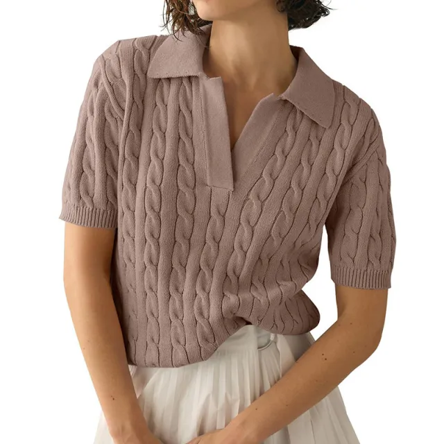 Women's Polo Collar Short sleeved Knitted Sweater Casual Sweater Pullover Solid Color Fashion Soft Lapel V Neck Knitted Top Y2K Camel - Shop at LoveMi