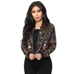 Women's Sequins Zipper Clothes Long Sleeve Cardigan Jacket - Color-S - View 1