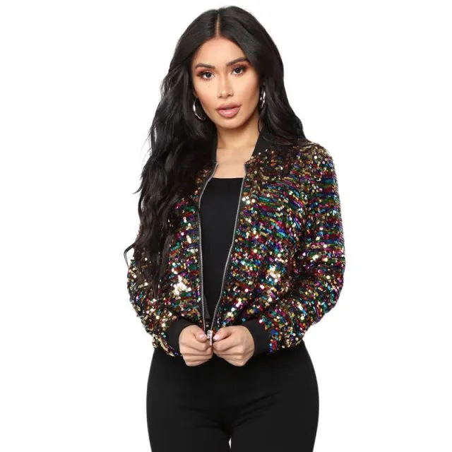 Women's Sequins Zipper Clothes Long Sleeve Cardigan Jacket Color S - Shop at LoveMi