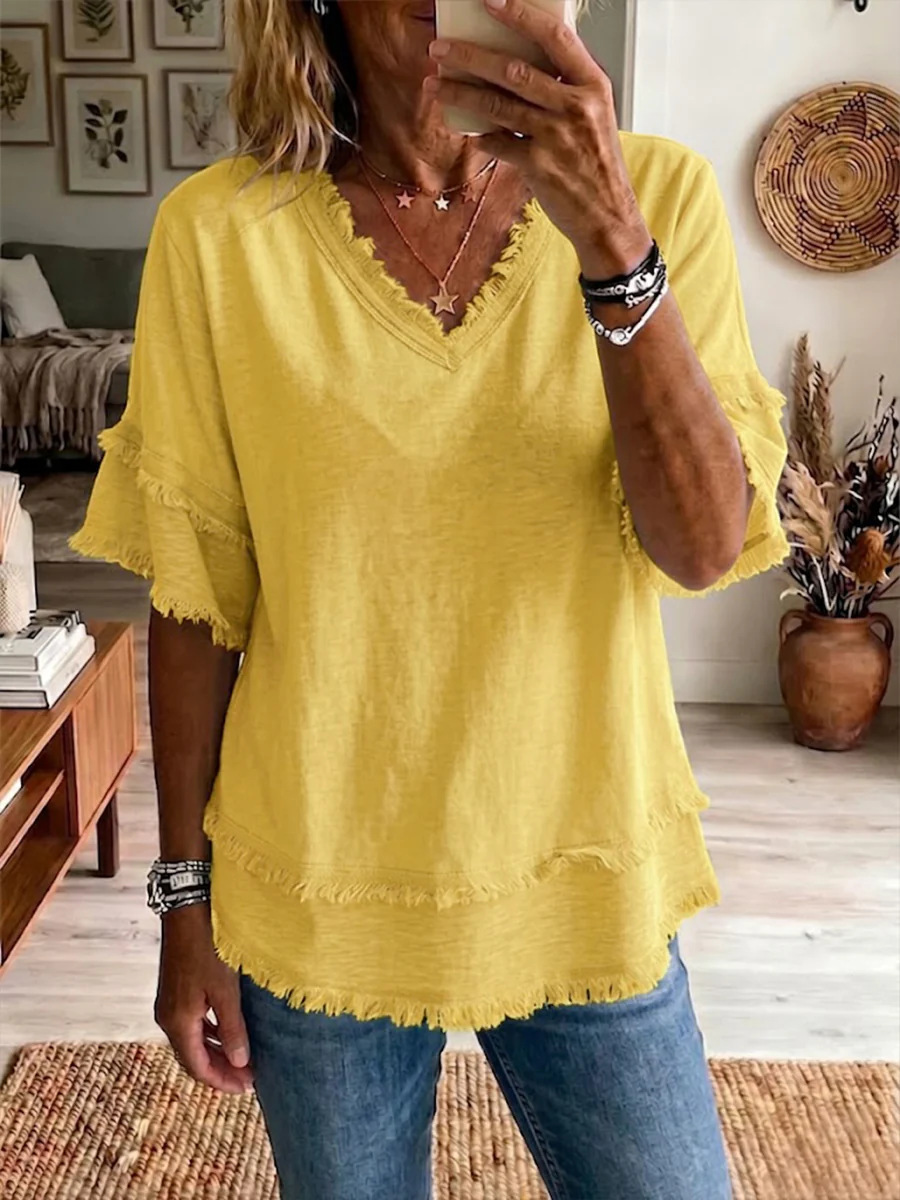 Women's V-Neck Pullover Short-Sleeve Loose Shirt 9