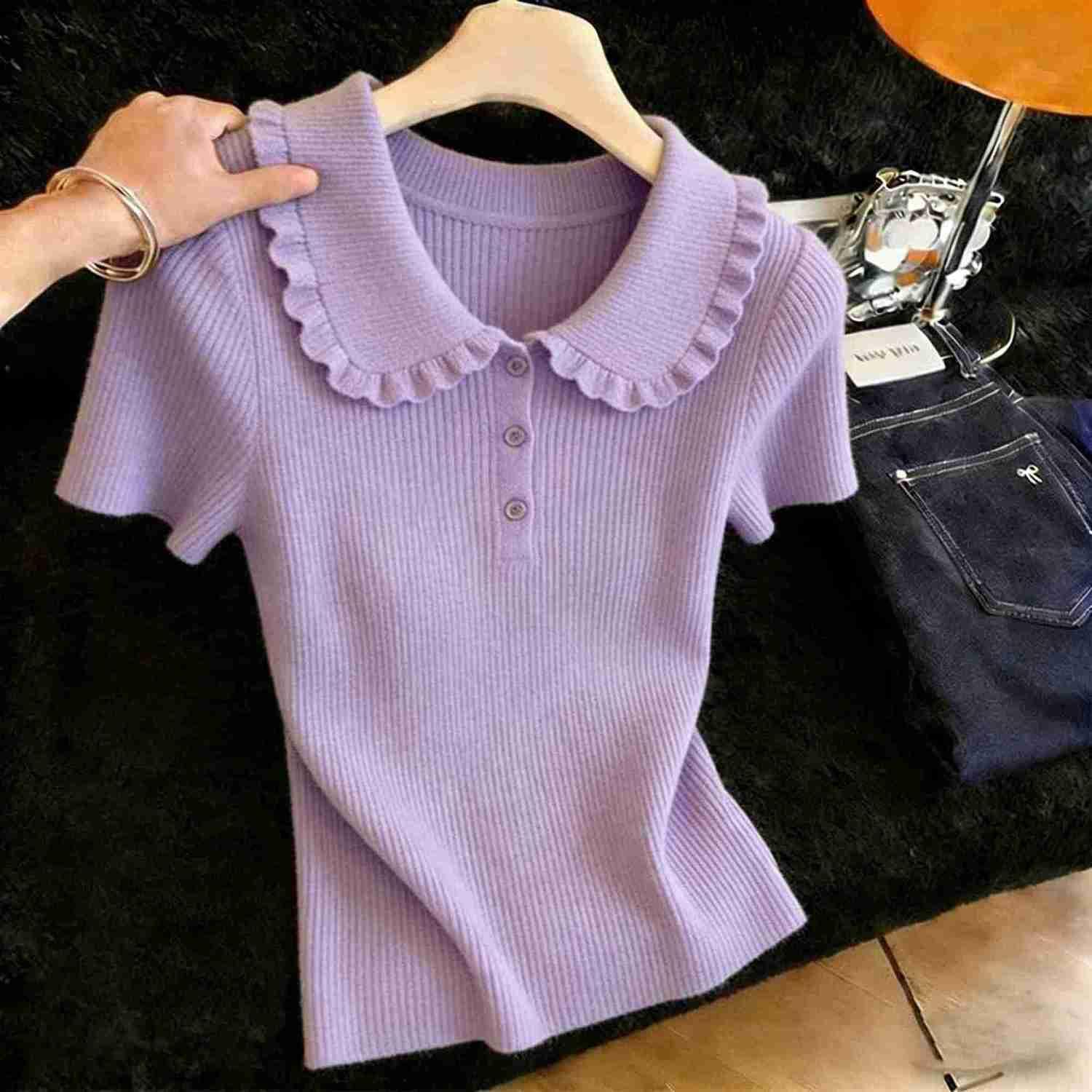 Womens Solid-color Versatile Doll-collar Short-sleeve Top product image