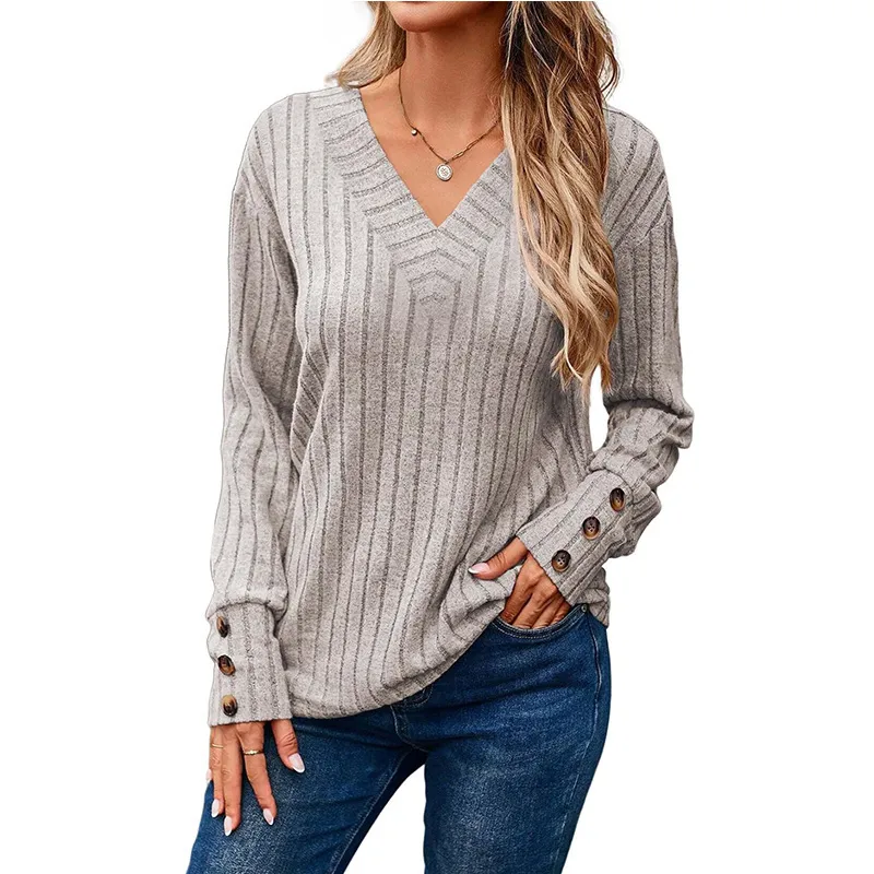 Women's Long-sleeved Blouse Solid Color Buttons T-shirt - Gray