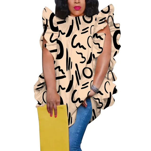 Women's Plus Size Printed Crew Neck Ruffle Trim Loose Fit Blouse Letters 2Xl - Shop at LoveMi