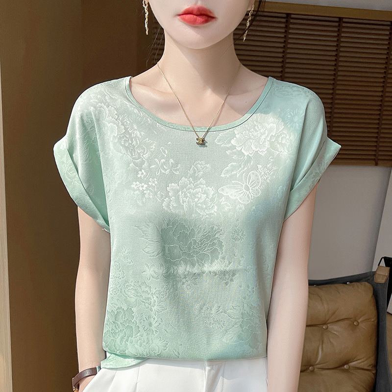 Crew-neck Cropped Elegant Dark-print Plus-size Short-sleeve T-shirt