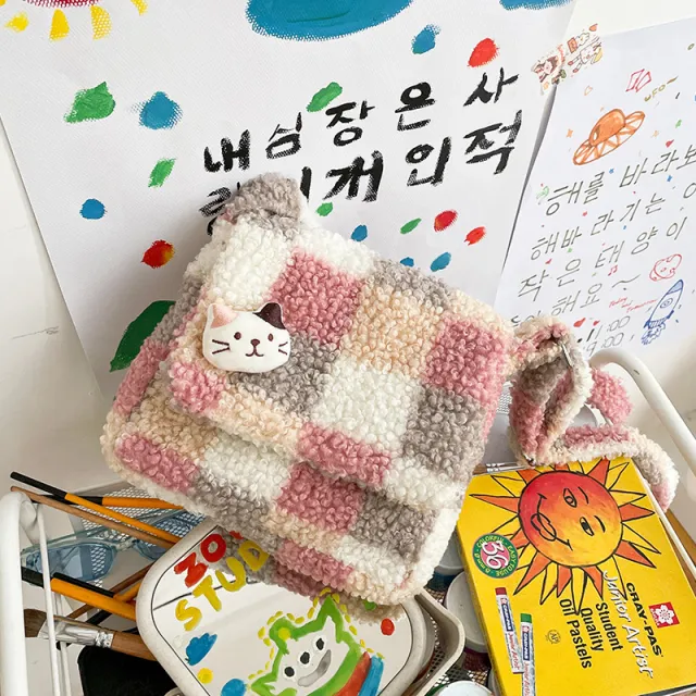 Japanese College Style Vintage Style Soft Girl Contrast Color Lamb Wool Check Pattern Shoulder Bag Cute Cat Student Small Bags Pink - Shop at LoveMi